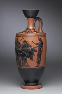 Lekythos with Apollo mounting a chariot drawn by lions and boars, accompanied by