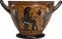 Athena serving Herakles while Hermes plays the flute
