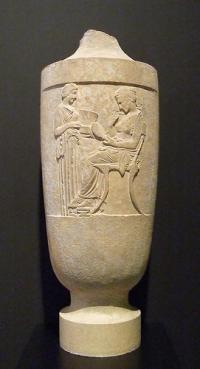 Marble grave marker in the shape of a lekythos