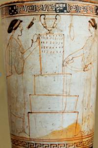 Lekythos with women leaving offerings, including ribbons, at a tomb